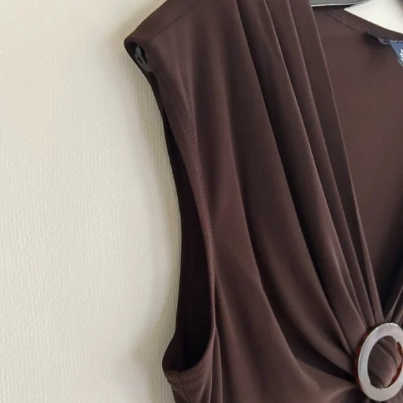 CHAPS Babydoll Chocolate Brown Y2K O Ring Jersey Midi Dress Preppy Retro | Sz M - Picture 5 of 11